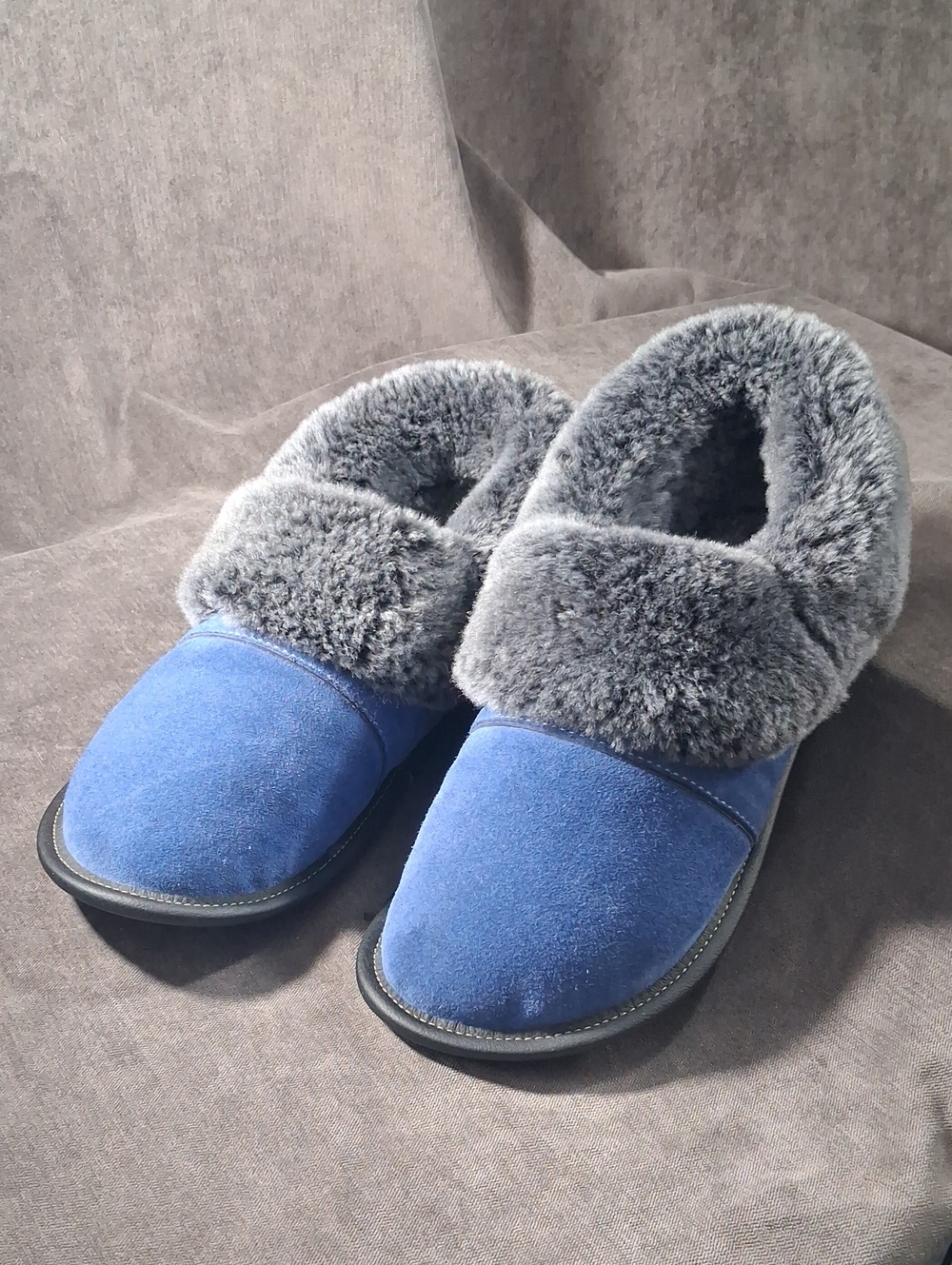 Garneau Lazybone Blue Sheepskin Suede Slippers with Grey Collar VG US 10.5-11 XL